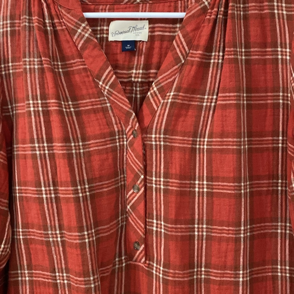 Universal Threads long sleeve button up Y neck fall orange plaid womens shirt - Picture 2 of 8